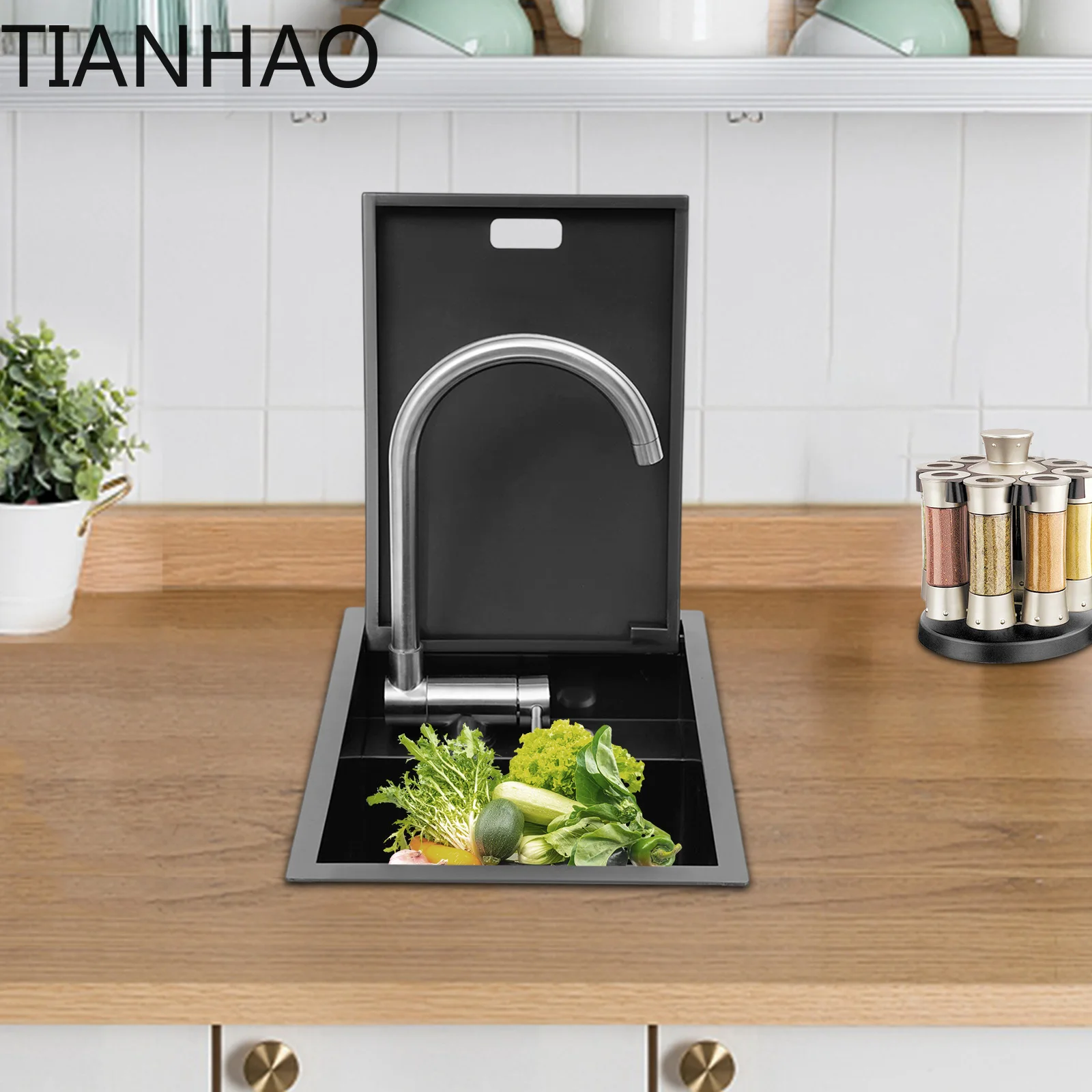 Stainless Steel Cover,  Bowl Sink, 440 *320 *210 mm Single Bowl Hidden with 360° Rotation for Kitchen Pantry
