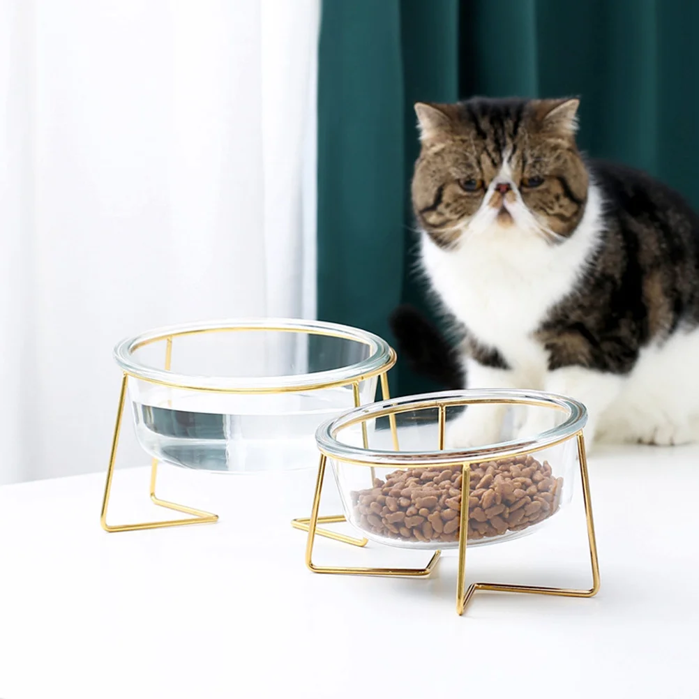 Glass Pet Bowl Comfortable Practical Feeder Supply Food Container Metal Cat Dog High Base Feeding Iron Golden