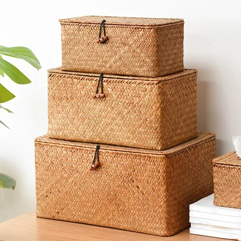 Natural Seagrass Storage Baskets Hand-woven Storage Box with Lid Rectangular Organizer for Desktop Sundaries Home Decor