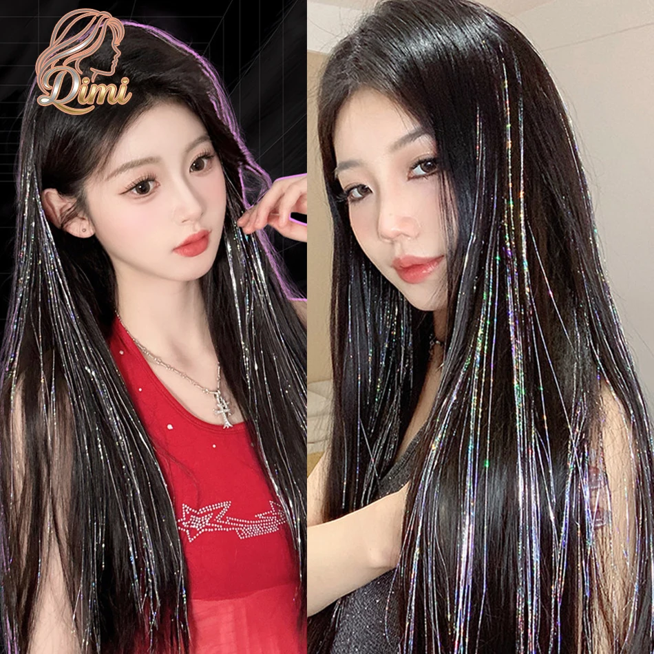 Image 7: Extensions de cheveux synthétiques laser teintes à l'oreille de 20 pouces avec clips BB sans couture, postiche brillant en tinsel pour filles