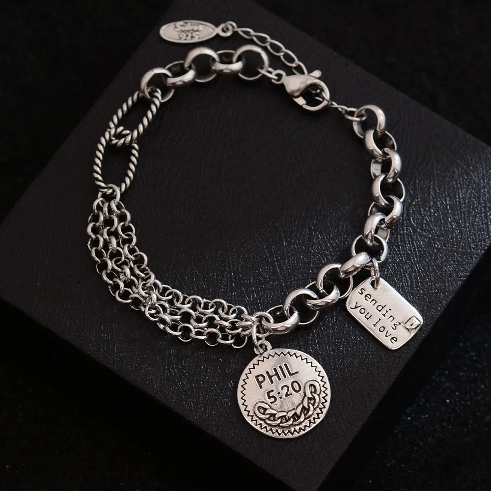 925 pulseiras de prata esterlina para mulheres homens acessórios tendência vintage redondo borla letras simples pingente festa jóias presente