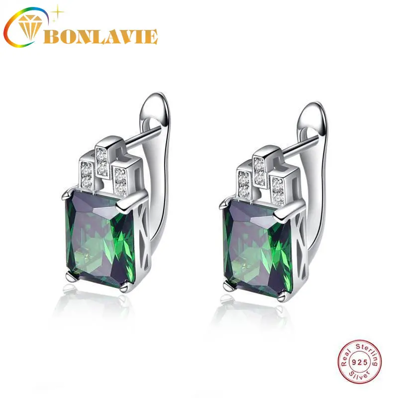 BONLAVIE Silver 925 Jewelry Green Hope Emerald Cut 925 Sterling Silver Earrings Emerald Clip Earrings for Women with Stones