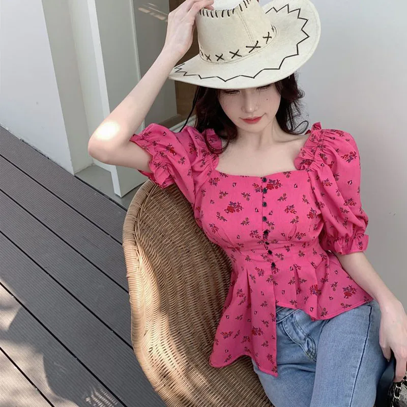 French Temperament Elegant Irregular Tops Summer Fashion Chic Square Collar Puff Sleeve Slim Short Sleeve Women Blouse