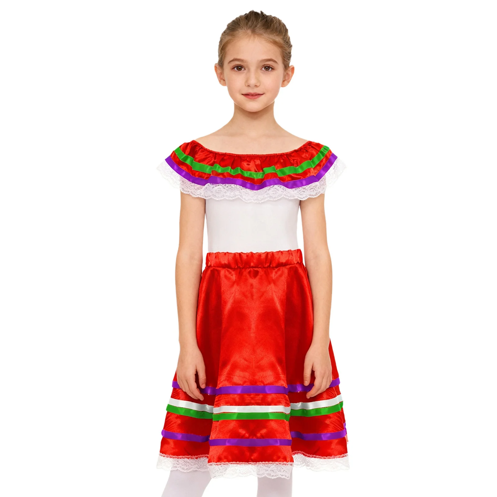 فستان رقص الفلامنكو المكسيكي مكون من قطعتين للفتيات الصغيرات مع مجموعة تنورة لملابس الأداء المسرحي للأنشطة المكسيكية