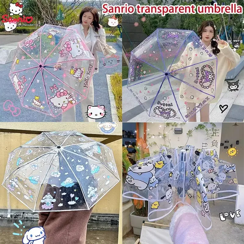 Sanrio Hello Kitty Cinnamoroll Umbrella Transparent Fully Automatic Pochacco Cartoon Thicken Fold Portable Festival Gift