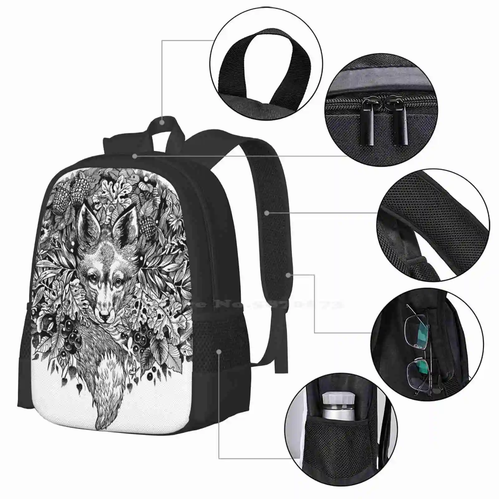 Mochila con diseño de zorro oculto, bolsa de moda con dibujo de tinta de hojas y hojas, bonito trabajo de línea de follaje natural, color blanco y negro, gran oferta