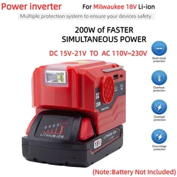 Inversor de corriente de 200W para adaptador de batería de iones de litio Milwaukee de 18V con salida de CA de 110V ~ 230V con luz LED USB (sin batería)