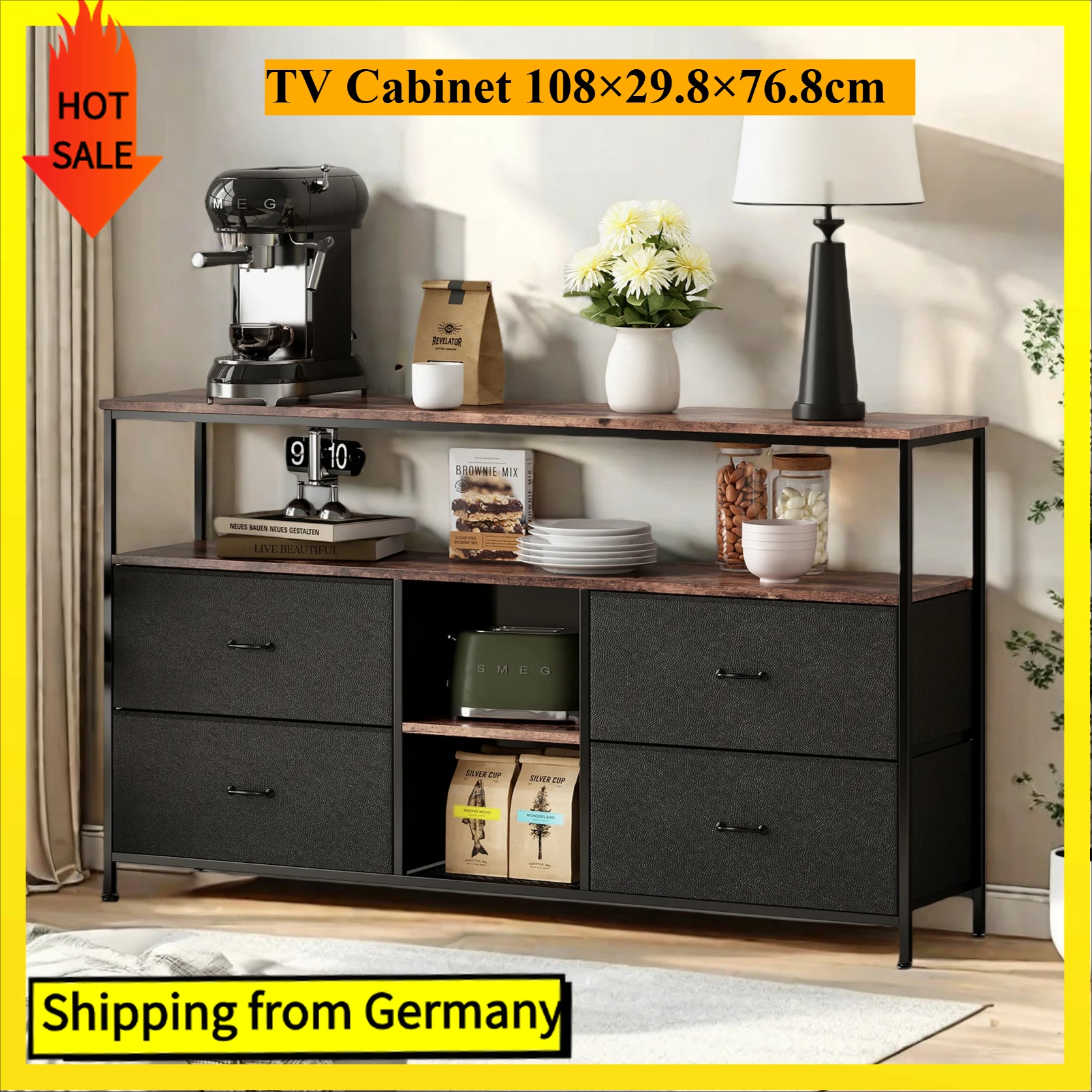 Comanlai Mobile TV da 108 cm, Credenza con luci a LED, Mobile portaoggetti in tessuto con struttura in metallo e piano in legno, Supporto TV, 108 × 30 × 76 cm