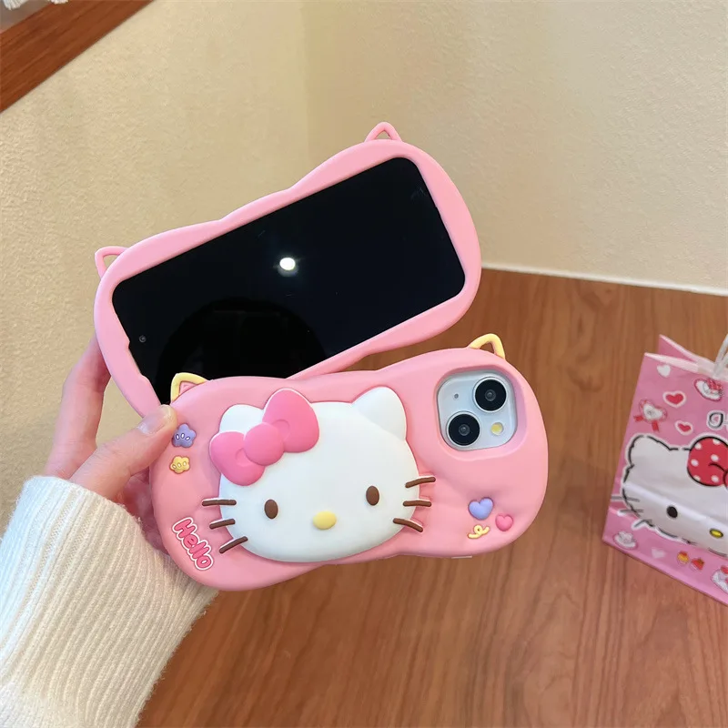 Kawaii HelloKitty جراب هاتف مع حامل آيفون 17 16 15 14 11 13 12 برو ماكس الكرتون السائل سيليكون غطاء ناعم مقاوم للصدمات