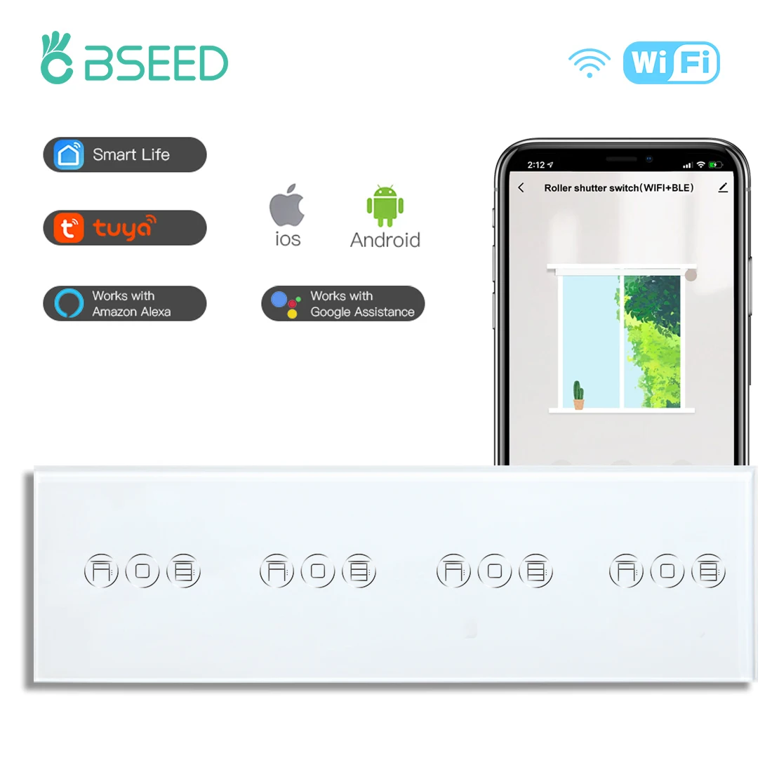 BSEED Four Wifi Roller Shutter Switches Tuya Smart Blinds Switch Smart Life Alexa Alice App Control EU Standard Glass Panel