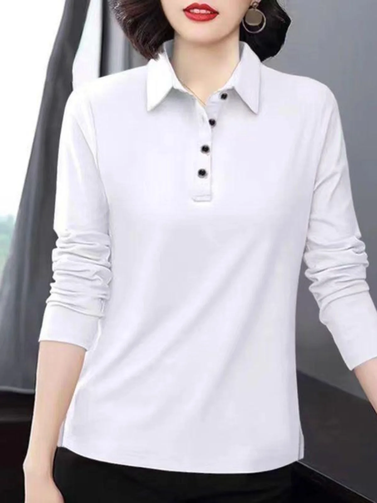 긴팔 폴로 셔츠 여성용 봄 가을 티셔츠 신상 2025 여성 패션 안티에이징 칼라 셔츠