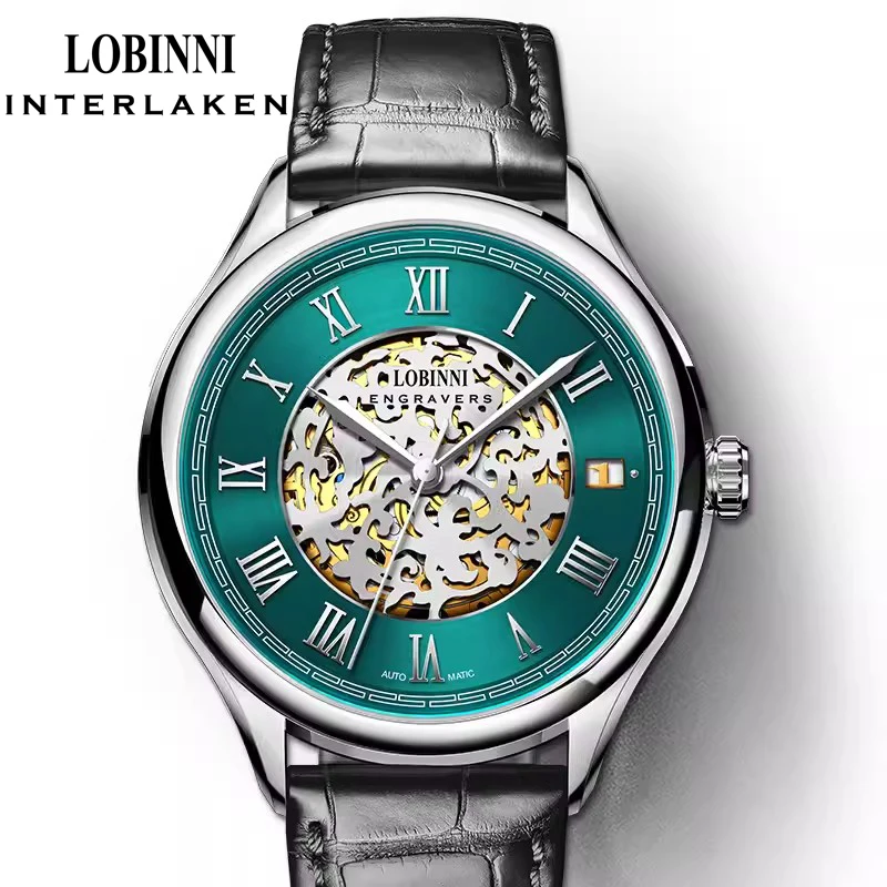 LOBINNI 41MM Business Commuter Mens Automatic Mechanical Watch Sapphire Glass Waterproof 50M Watches Skeleton Date Clock