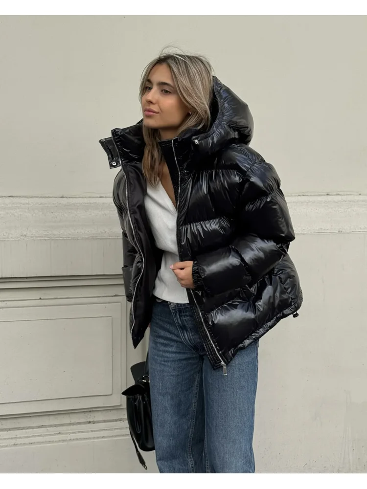

Casual Women's Glossy Hooded Cotton Coats Puffy Stand Collar Zipper Long Sleeve Warm Jackets 2025 Winter Lady Down Jacket New