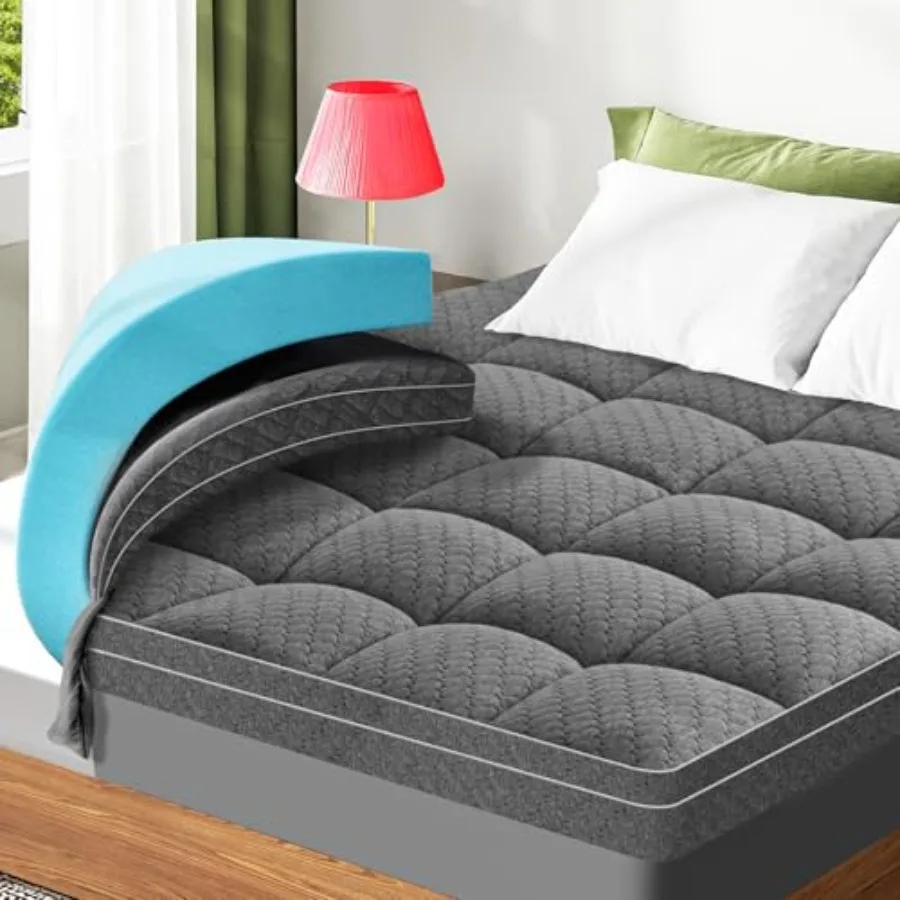 3 Inch Memory Foam Mattress Topper for Bedroom Use, Gel-Infused Memory Foam and PillowTop Layer, Grey, Cooling and Pressure-Rel