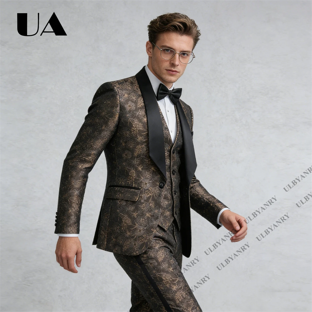 ULBYANRY High End Men's Three Piece Formal Suit Set Floral Jacquard Blazer with Black Collar, Matching Vest Pants Groom Suits