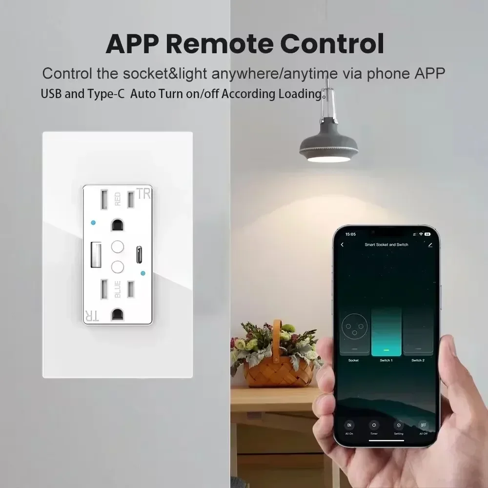 Shawader Tuya Wifi Prese a muro intelligenti USB Type-C Alimentazione US Presa PD20W Carica rapida Pannello in vetro Telecomando da Alexa Google Home