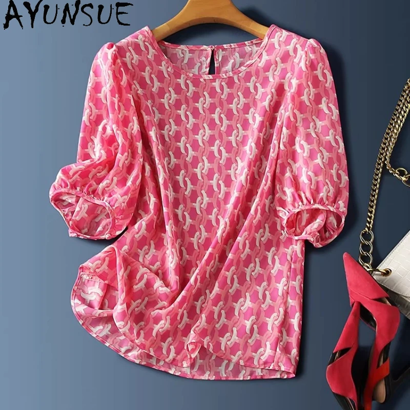 

AYUNSUE 16momme 100% Real Mulberry Silk Blouse Women 2026 Summer Clothes Elegant Blouses Womens Tops Pullover Print Блузка Женск