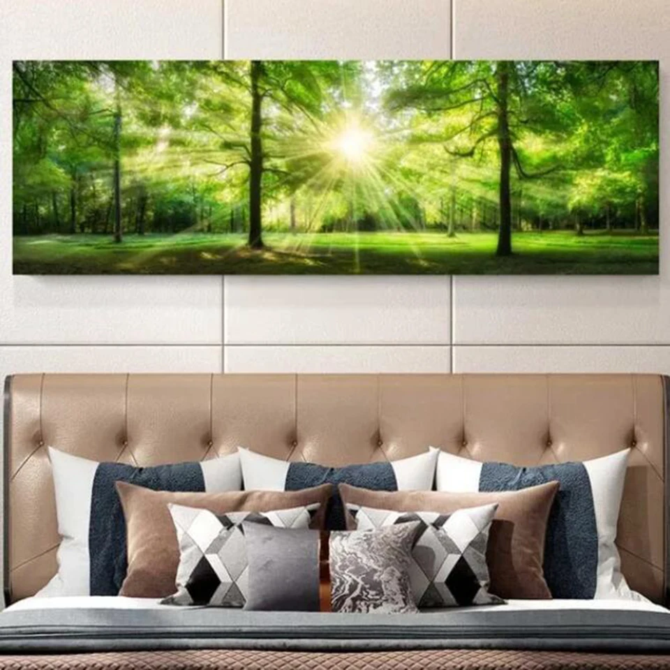 5D DIY Full Diamond Painting Large Sunshine Green Yellow Forest Tree Diamond Embroidery Natural Landscape Room Wall Art X1480