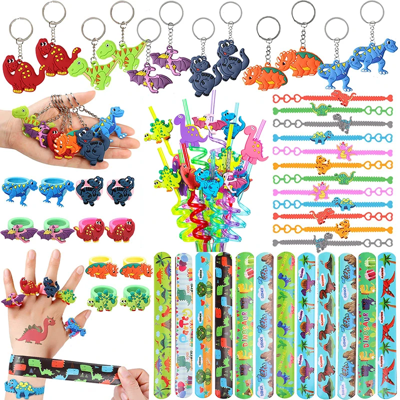 Dinosaur Party Favors Slap Bracelets Straws Rings Key Chains for Kids Birthday Gifts Girl Boy Toys Dino Themed Supplies