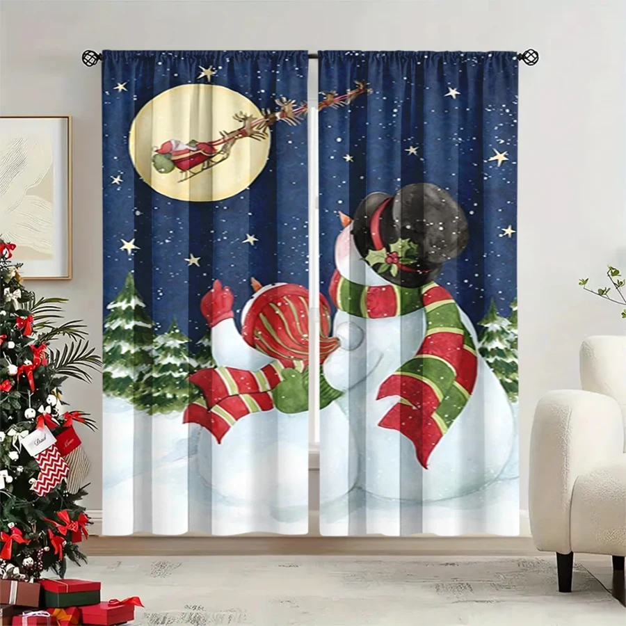 2PCS Christmas Winter Curtains, Snowman Sleigh Moon Reindeer Night Snow Blue, Digital Print, Bedroom Living Room, Home Decor