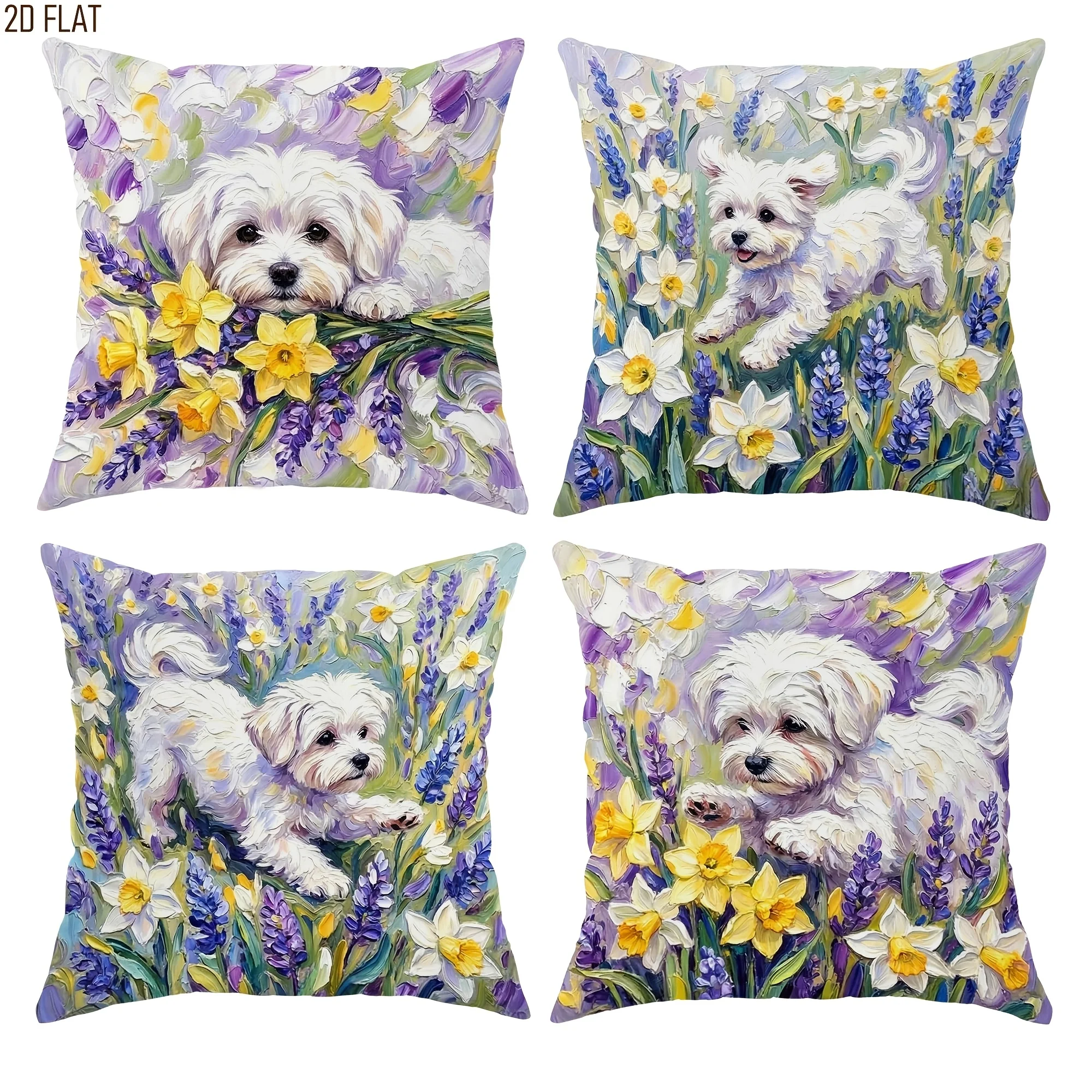 4pcs Dog Printed Cushion Cover Puppy Flower Lavender Daffodil Pillow Case Polyester Home Decor Sofa Bedroom Living Room 2D Flat