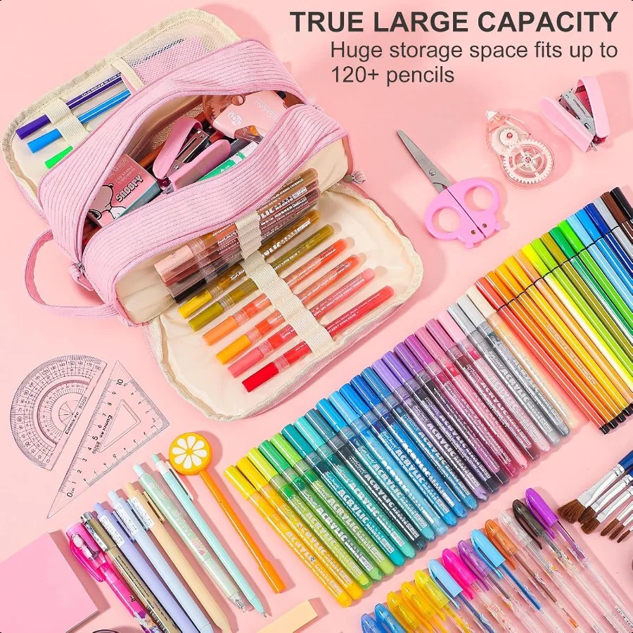 Estuche para lápices con 3 compartimentos, capacidad Extra grande, estuche para lápices escolares con asa fácil, estuche para lápices de pana suave, pl estético