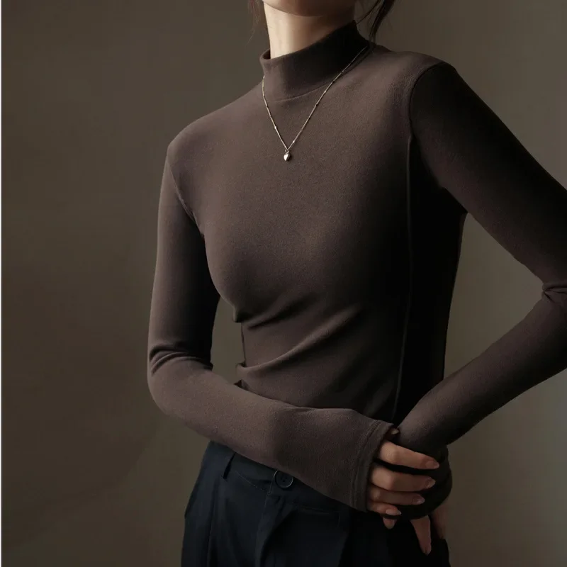 Micron German velvet half turtleneck bottoming shirt for women in autumn and winter plus velvet inner long-sleeved top