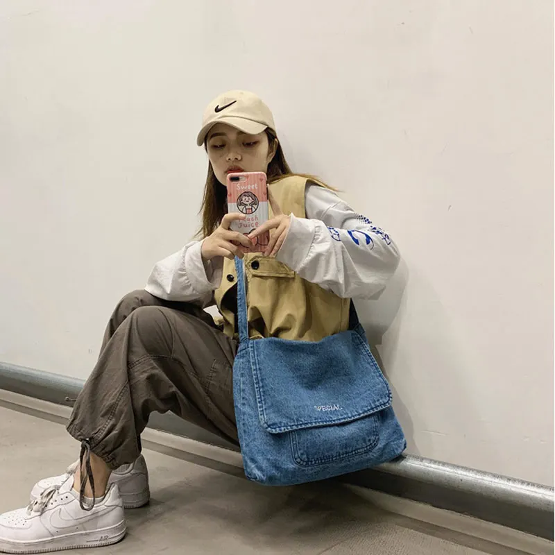 

Simple student denim crossbody bag ladies Adjustable Strap Jean Shoulder Bag Vintage Satchel Purse Everyday Purse for Women