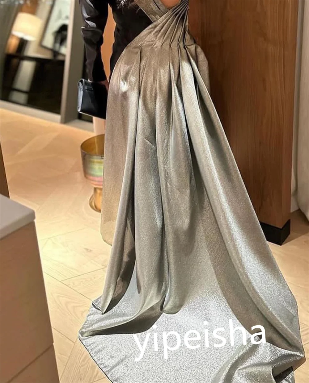 Fashion Asymmetrical One-Shoulder A-line Evening Dresses Anke Length Formal Ocassion Gown Pleat Satin birthday dress for women