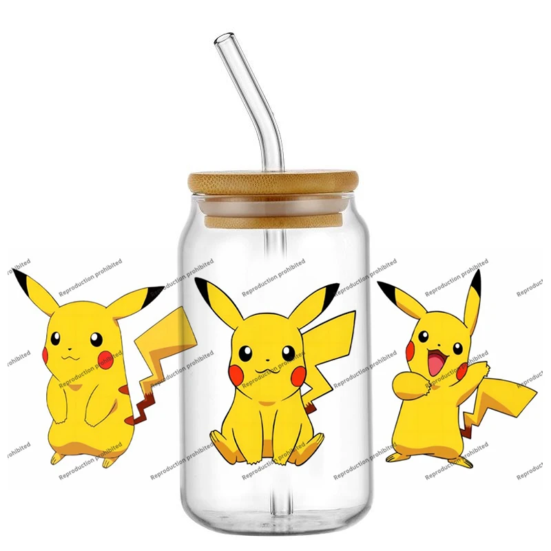 

New Pokemon Pikachu 16oz UV DTF Cup Wrap Transfers Stickers Decorate Mugs Beer Can Bottle Libbey Glass Party decorations