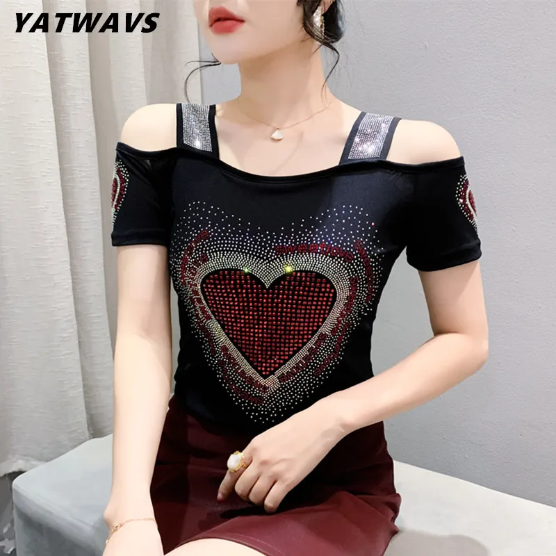 High Quality Women's Shiny Love Heart Hot Diamonds T-Shirt Clothes Chic Sexy Off Shoulder Tees Luxury Streetwear Girl Slim Tops