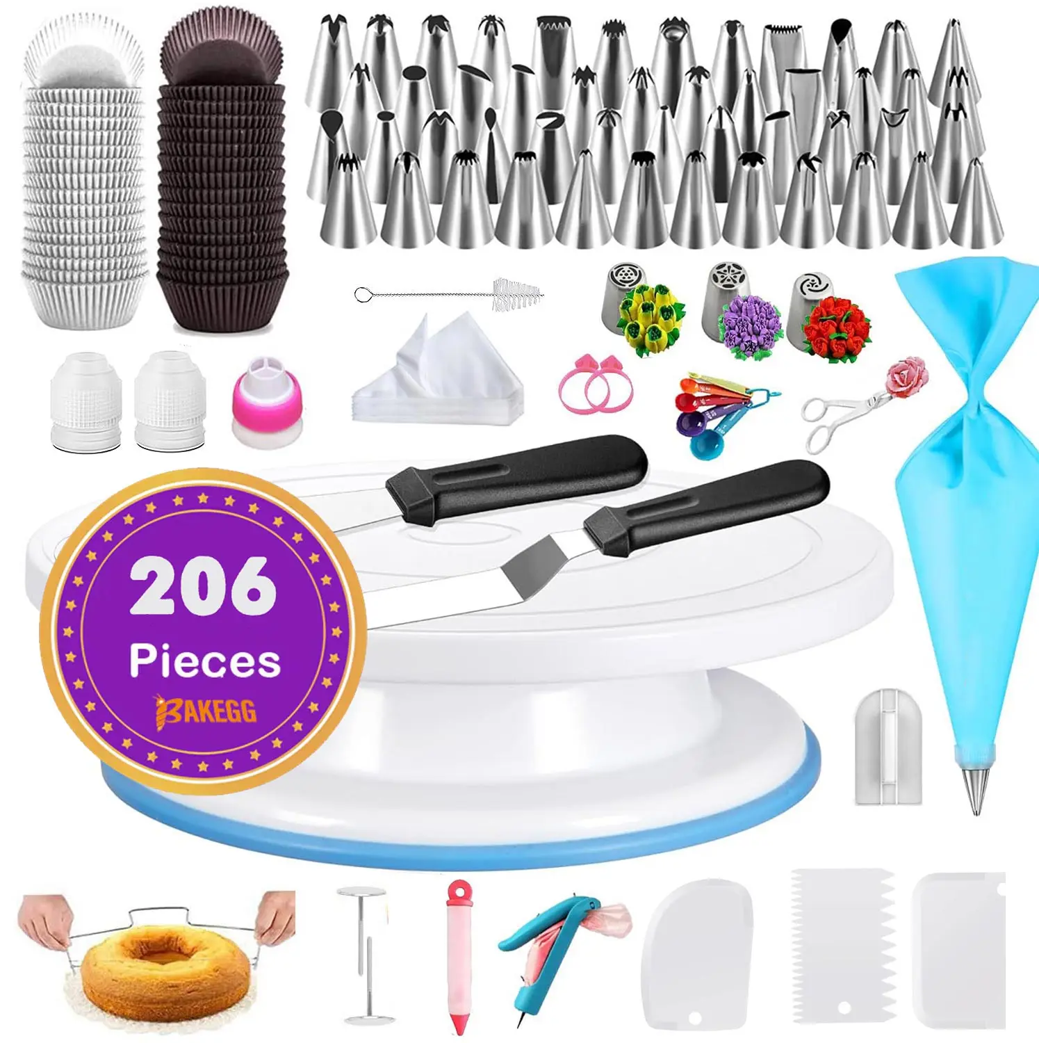 206pcs Decorative Supplies Set, Suitable For Beginners With Steel Pipe Frosting Techniques, Including Cake Wheel Icing Shove