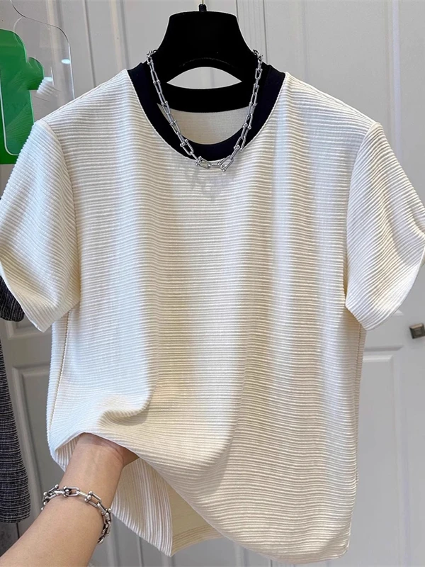 

Comfortable Soft Women's Short Sleeve T-Shirt Color Block Neck Design Texture Striped Top Korean Style Straight Cut Silk Mate...