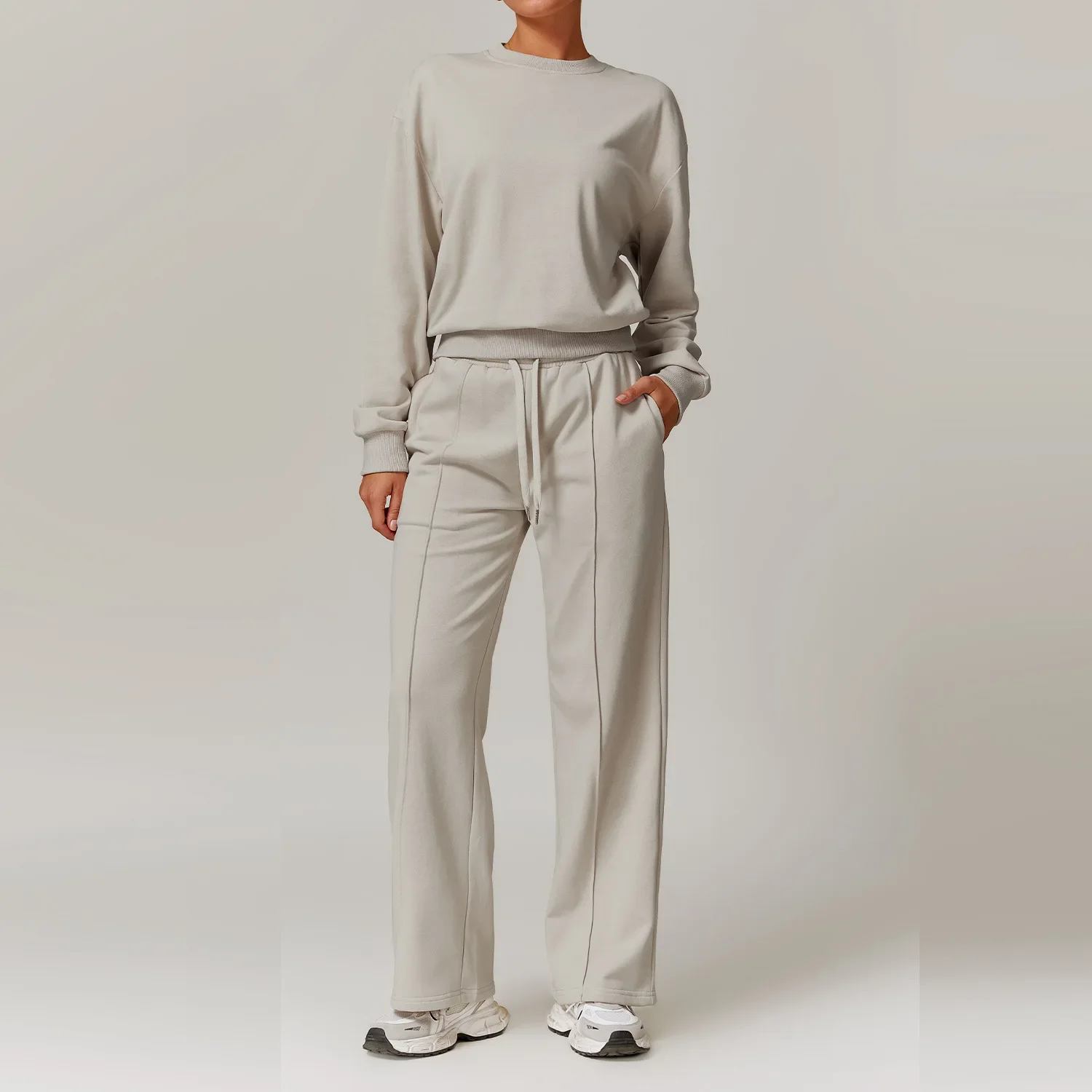 Custom LOGO New Women's Casual Sports Sweater Set High Waist Wide Leg Pants Long Sleeve Running Fitness Set image 3