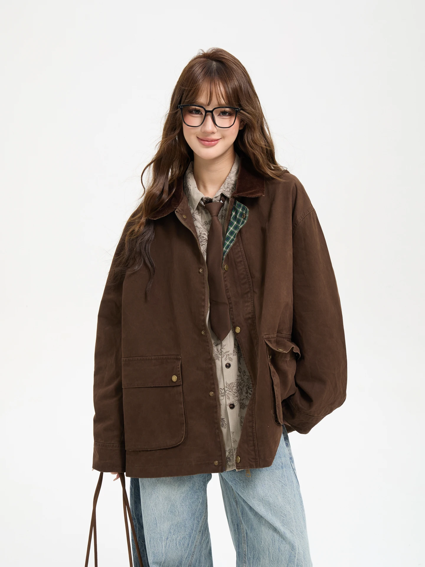 

7KEEWEN Ретро-куртка в американском стиле с эффектом потертости, многокарманная, свободного кроя, с длинными рукавами, на молнии, ветрозащитная, укороченная, оверсайз