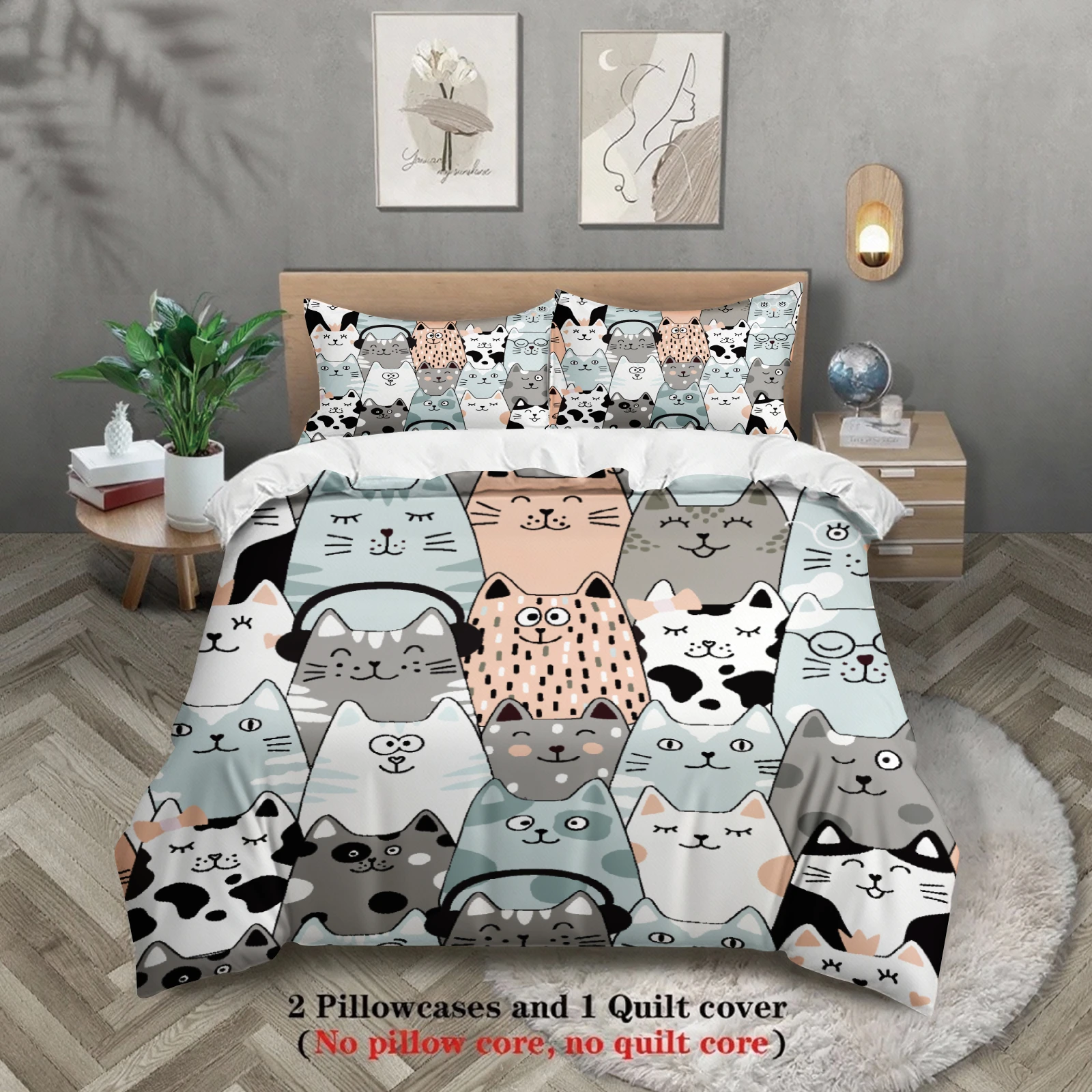 3pcs Colorful Cats Duvet Cover Cartoon Cat Pattern 3DPrint Gifts For Students Girls 100%Polyester Bedding Sets With 2Pillowcases
