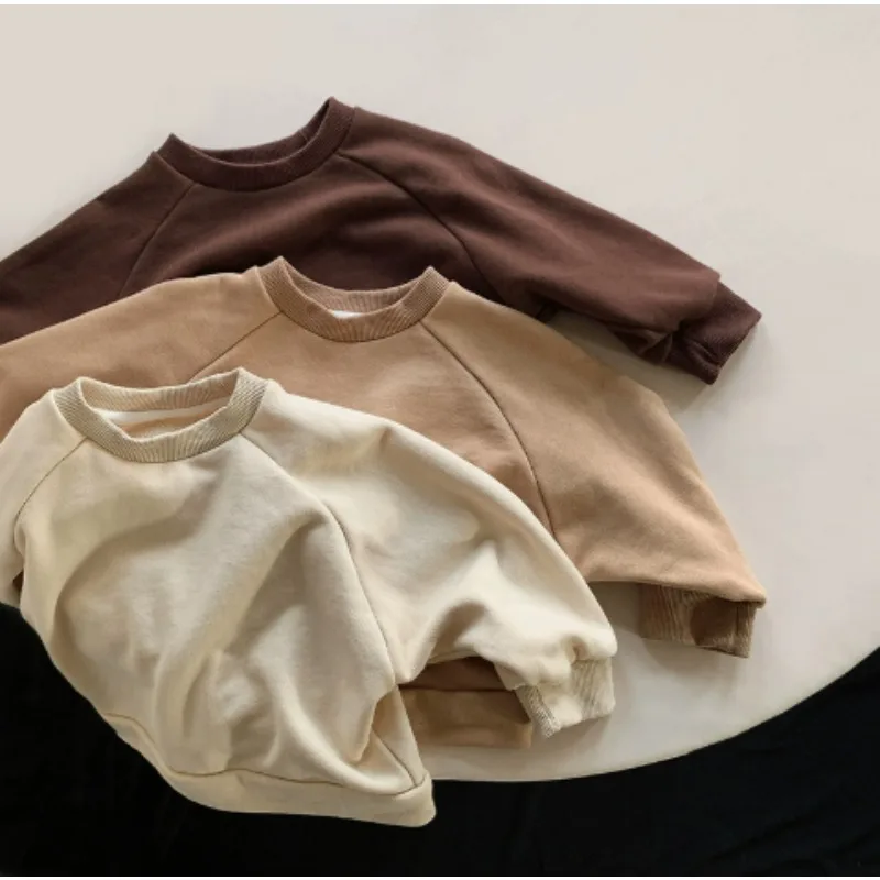 Winter Warm Children Long Sleeve Casual Sweatshirts Solid Boys Girls Loose Pullover Kids Baby Plus Velvet Thick Sweatshirt