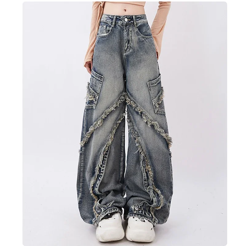 Wide Leg  Jeans Women Denim Pants Spliced Rough Selvedge Y2k Pants Vintage Lace-up Jeans Streetwear Fashion Trousers