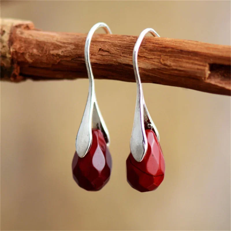 Antique Red Color Stone Water Droplet Dangle Earrings Crystal Wedding Vintage Drop Earrings Custom Jewelry