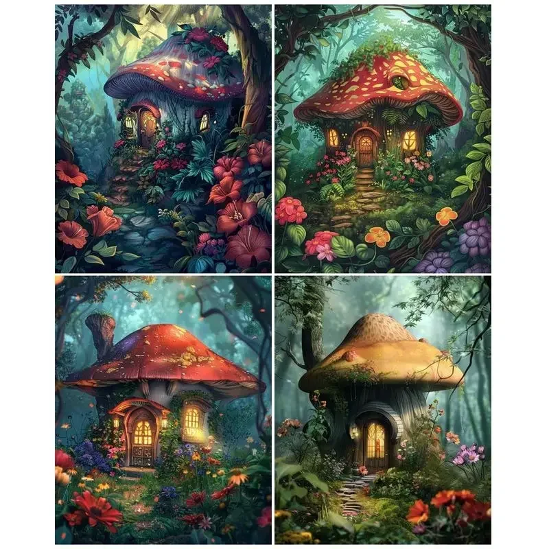 501688 Frame DIY Painting By Number Mushroom House Landscape Acrylic Paint Oil Painting On Canvas Handmade Draw For Diy Gift