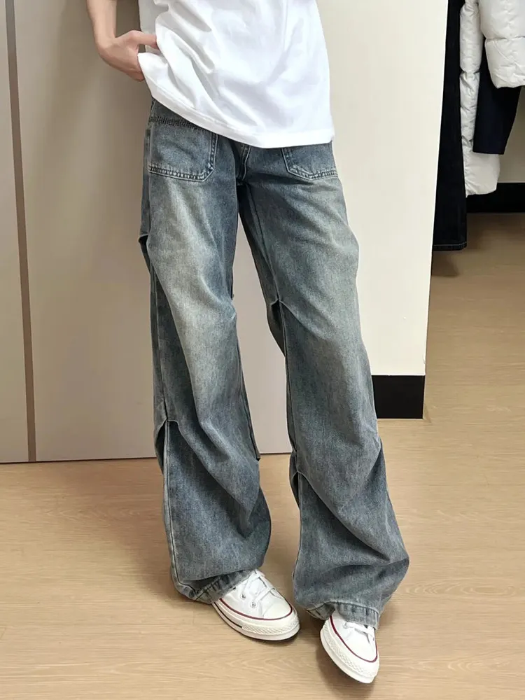 Washed Vintage Blue Folded Design Men's Jeans Autumn Lightweight Luxury Street Vibe American Flared Pants Casual Loose Straight