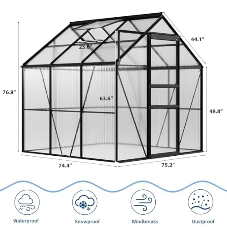 Backyard outdoor greenhouse: 6x6 ft polycarbonate panels, aluminum frame, green color, sliding door adjustable roof vent for ga
