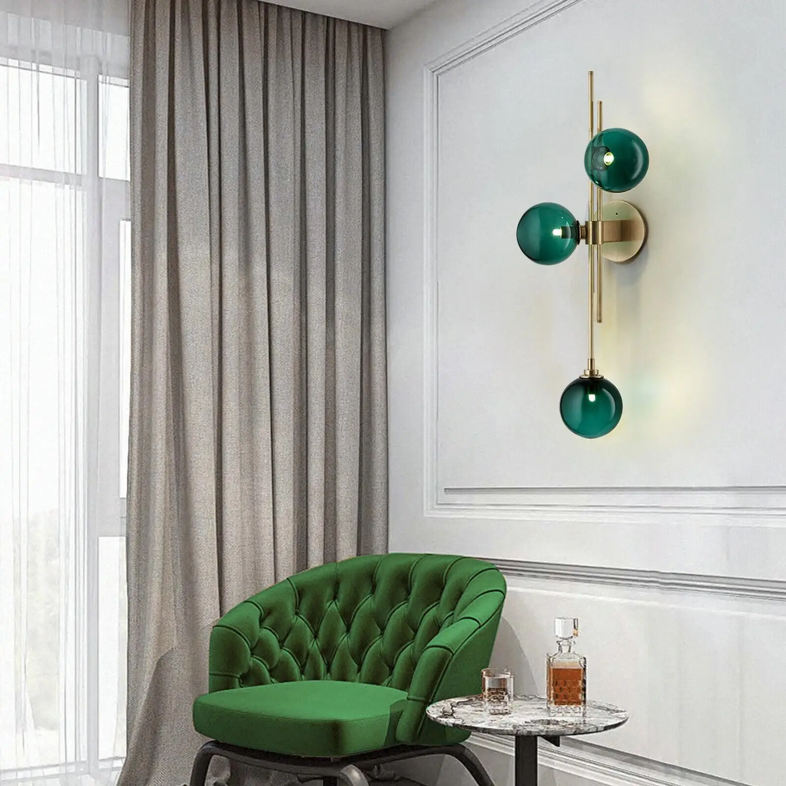 

Mid-Century Modern LED Wall Lamp 3-Light Green Glass Globe Wall Sconce Simple Nordic Bedroom Living Room Bedside Lamp Home Decor