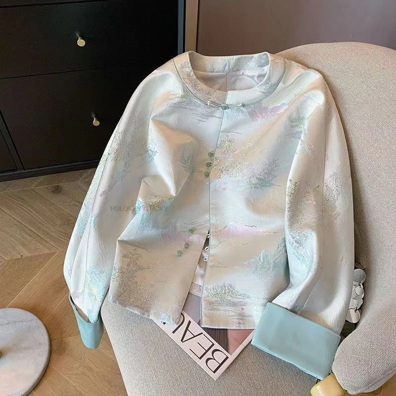 

Новая женская куртка в китайском стиле, модифицированный костюм Тан, с ретро-принтом пейзажа, золотистый атласный жаккард, воротник-стойка, застежка на пуговицах-лягушках