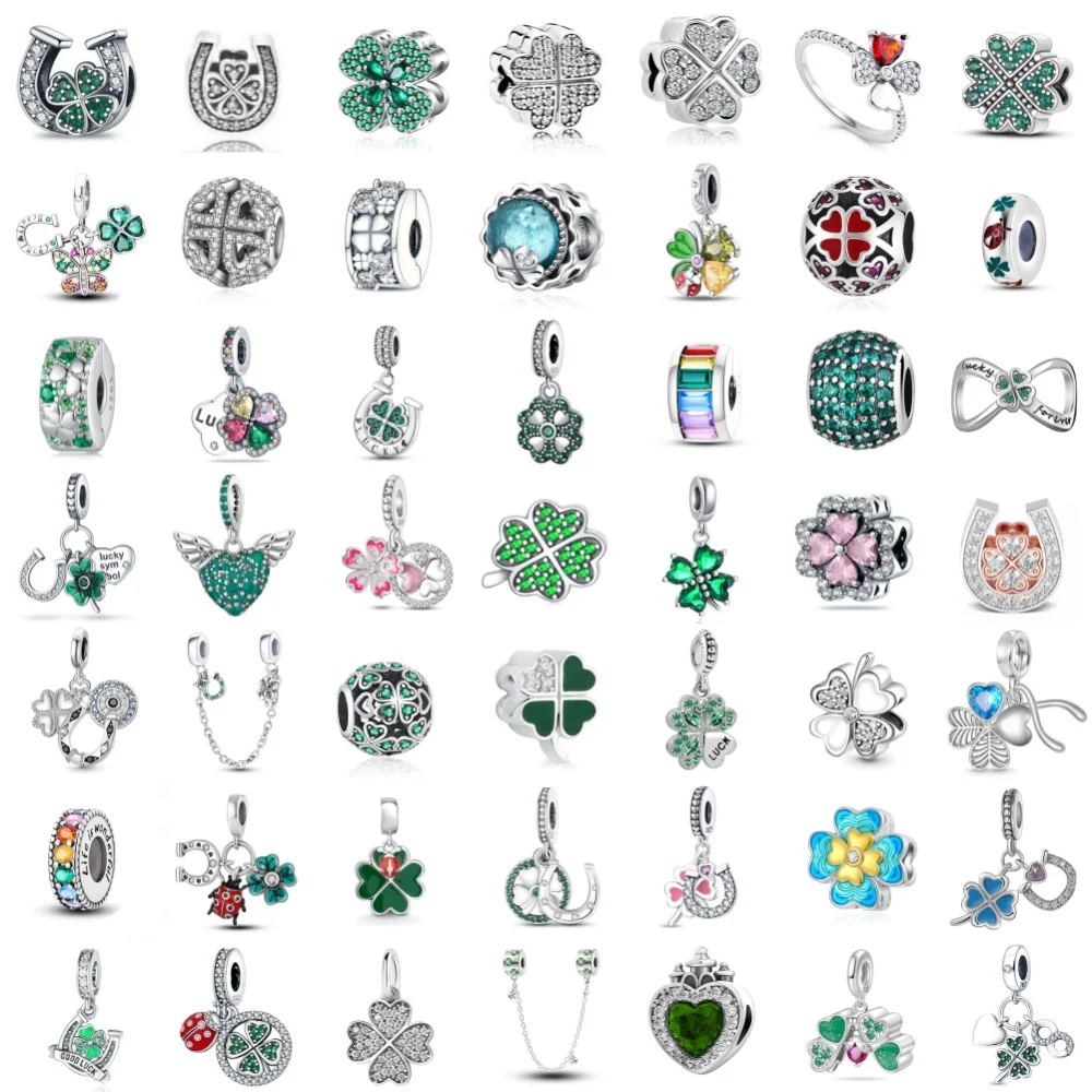 Hot sales 925 Silver Sparkling Lucky Four-Leaf Clover Charms Green Bead Fit Accessories Original Bracelet DIY Jewelry Women Gift