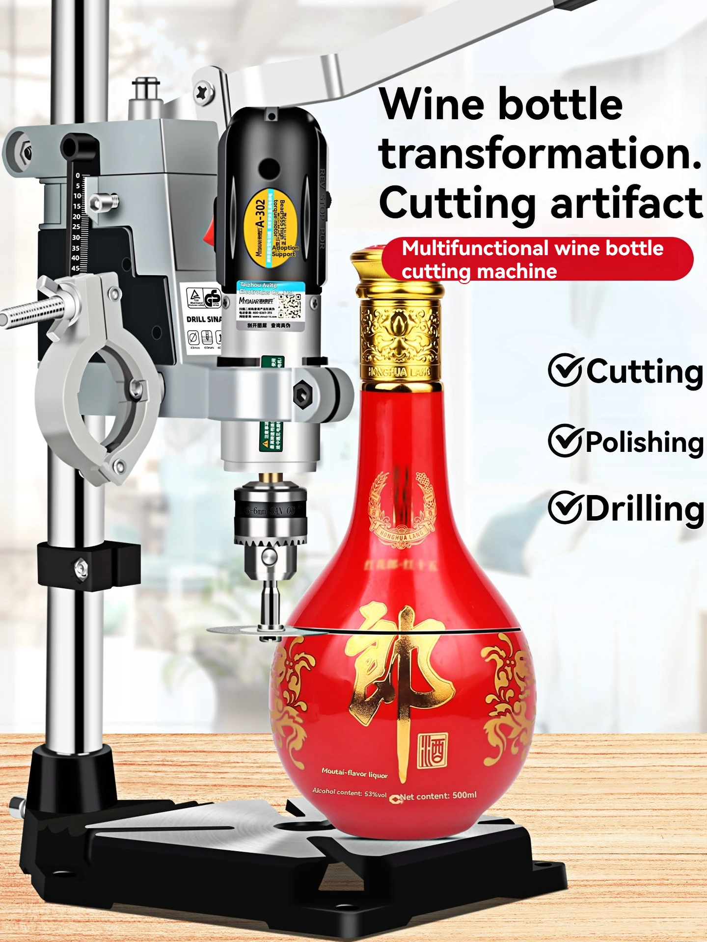 Polishing tool for ceramic flower pots,drilling and cutting glass bottle includes a cutting machine and wine bottle cutting tool