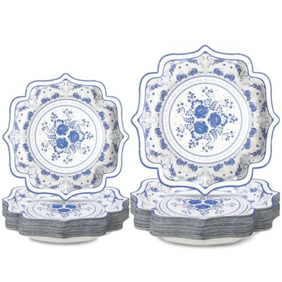 

100 Pcs Blue Chinoiserie Disposable Plates 10 Inch 8 Inch Large Floral Blue White Paper Scalloped Dessert Dinner Plates Bulk Se