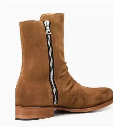 New Man Black Khaki Brown Suede Pleated Double Zippers Round Toe Ankle Boots Male High Top Short Chelsea Boots Drop Shipping