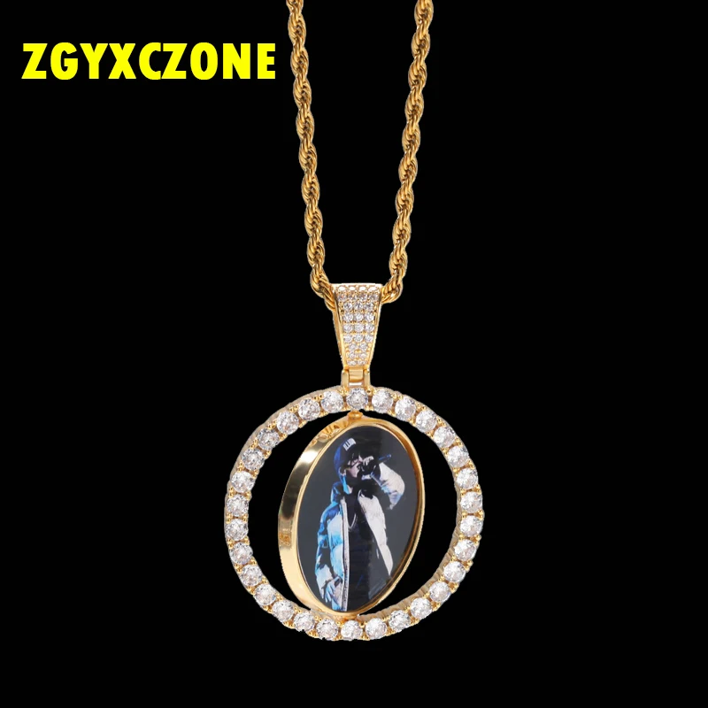 

ZGYXCZONE 24 inch chain double-sided custom photo Rotating zircon photo necklace for couples Personalized Customization