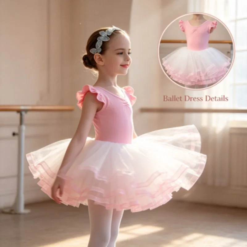 

Pink dance dress for little girls, the hem of the pink outfit is trimmed with white satin ribbons, ballet tulle practice leotard